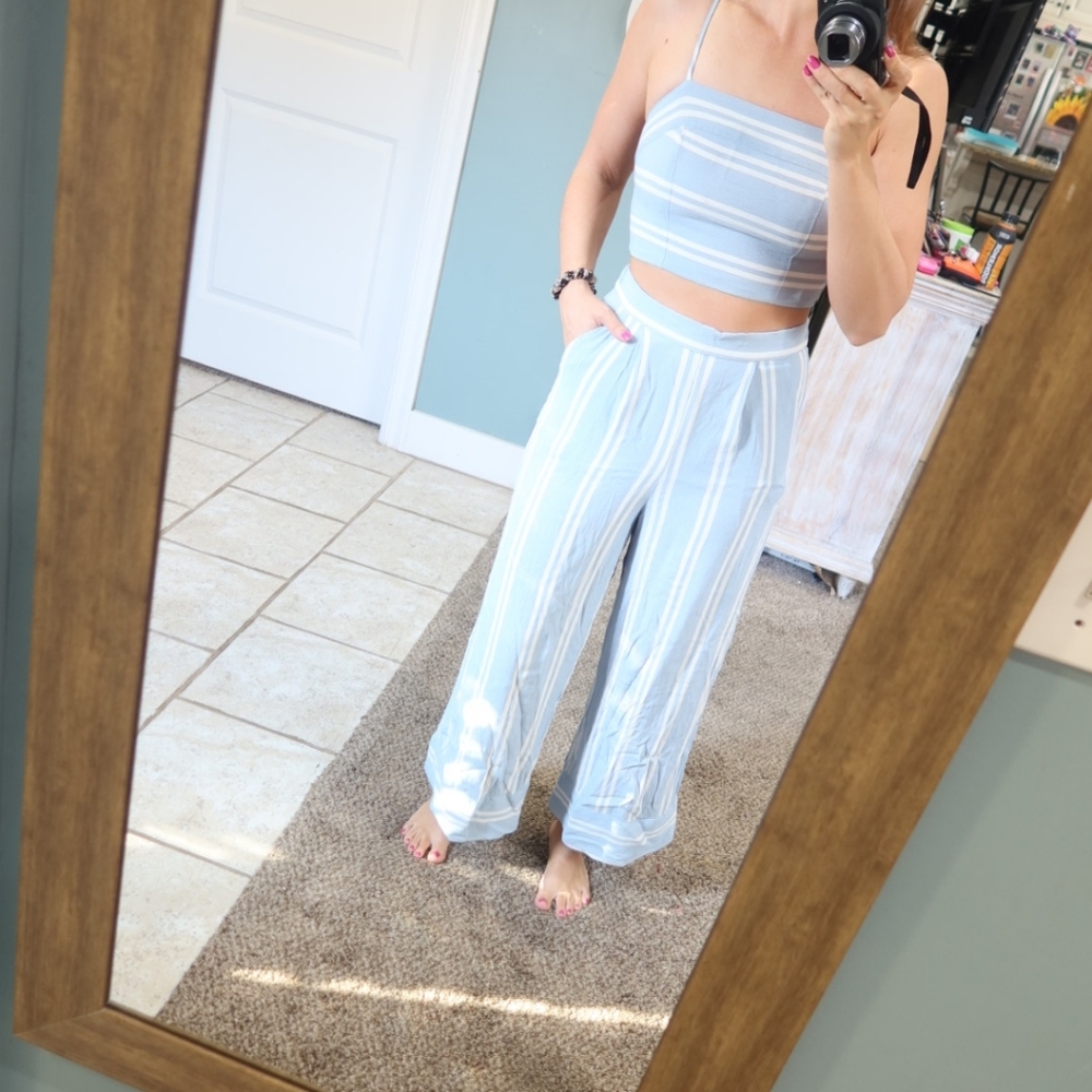 Lulu's Light Blue Striped Wide Leg Vacation Set
